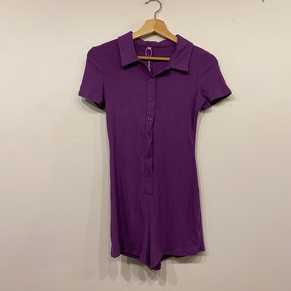Purple Ribbed Knit Short Sleeve Romper Button Front Collar Bodycon Womens M